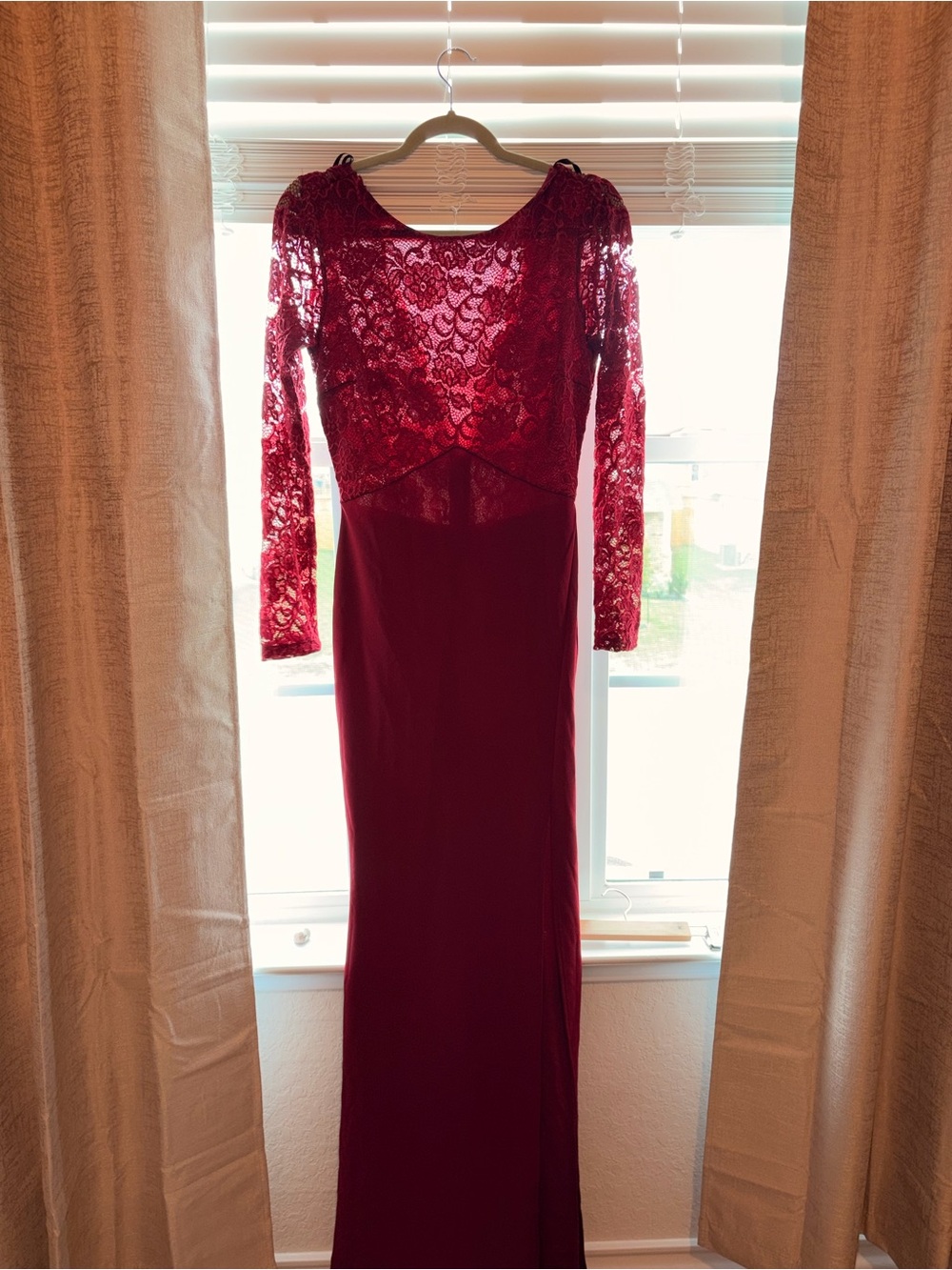 Windsor Red Lace Long-Sleeve Evening Gown